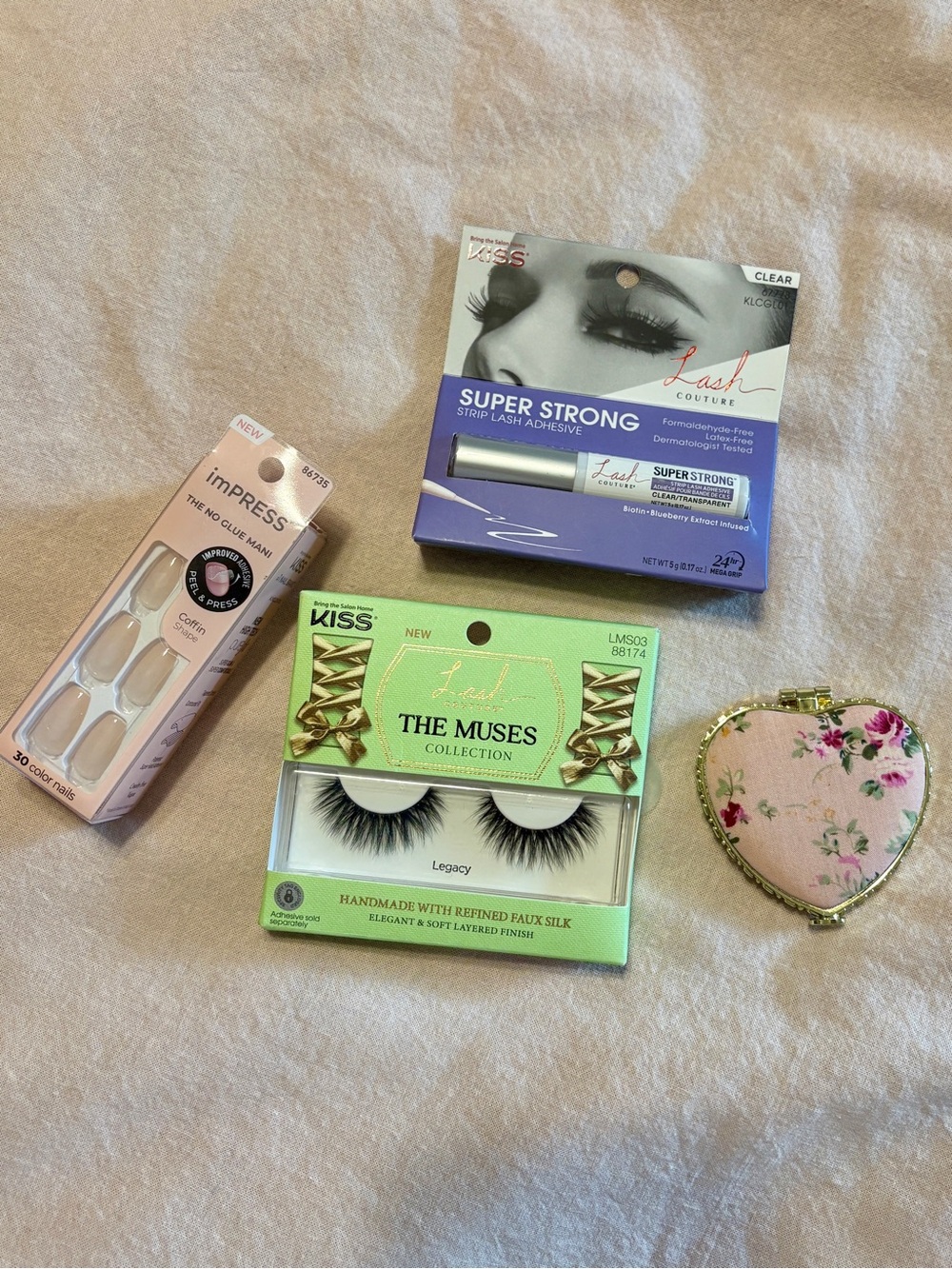 Cosmetics Bundle with imPRESS Nails, Kiss Lashes and a Floral, Heart Compact!